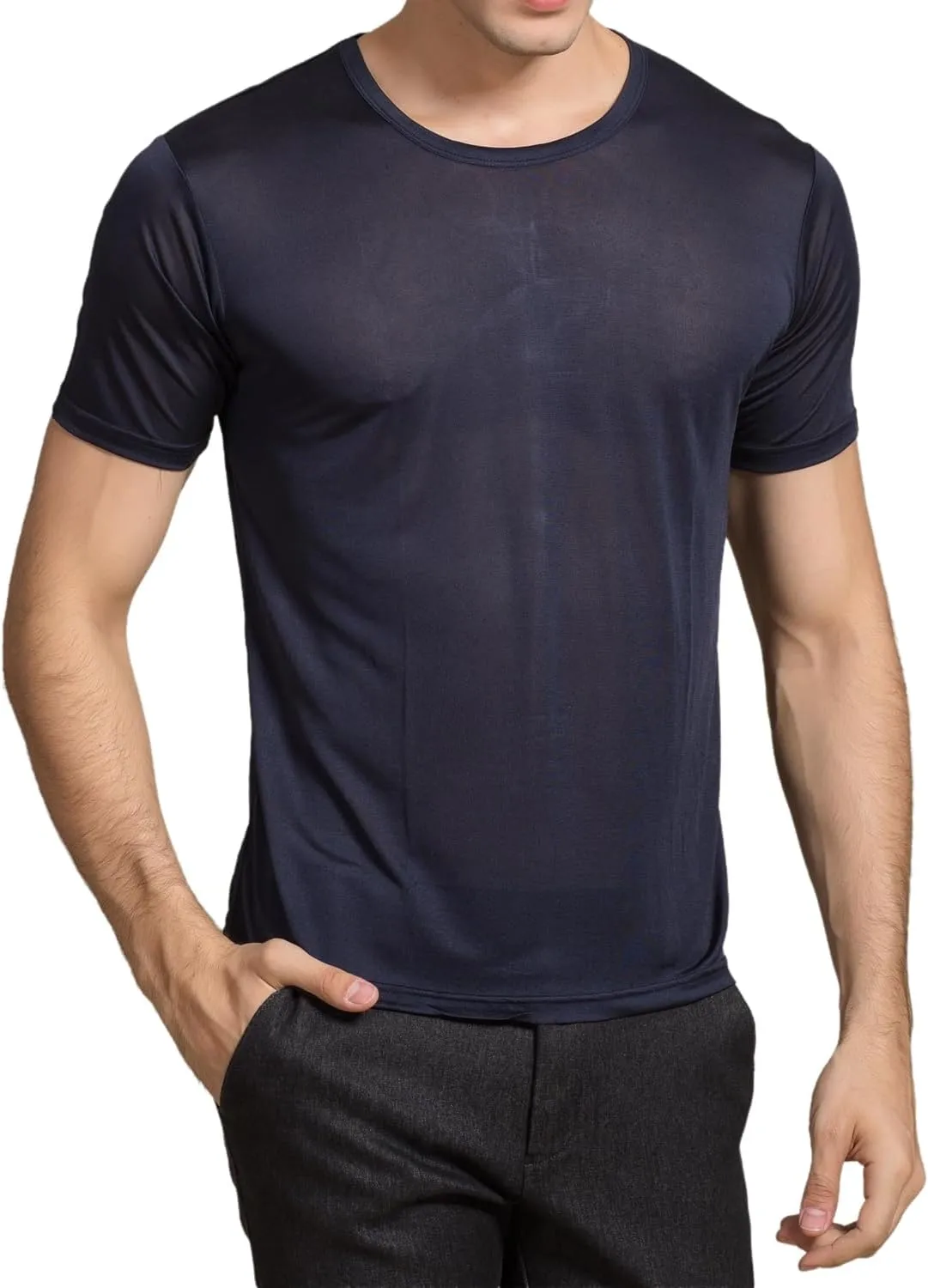 Mens Silk Knitted T Shirt 100% Pure Mulberry Silk Sleep T Shirt Crew Neck Top Undershirt Blouse Short Sleeve Tee Tops
