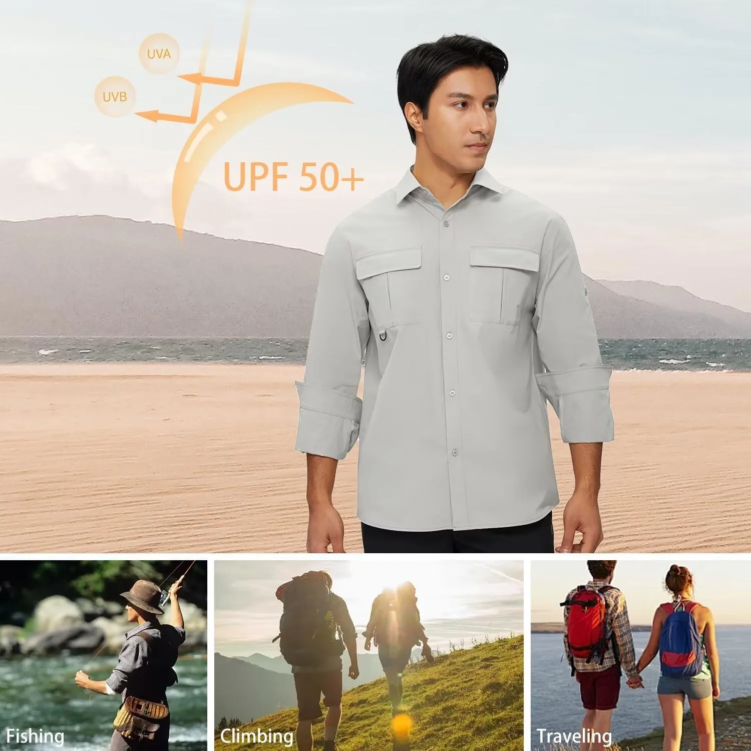 Men's Sun Shirts Long Sleeve UPF 50  UV Quick Dry Cooling Fishing Shirt Tactical Sun Protection Outdoor Hiking Gardening