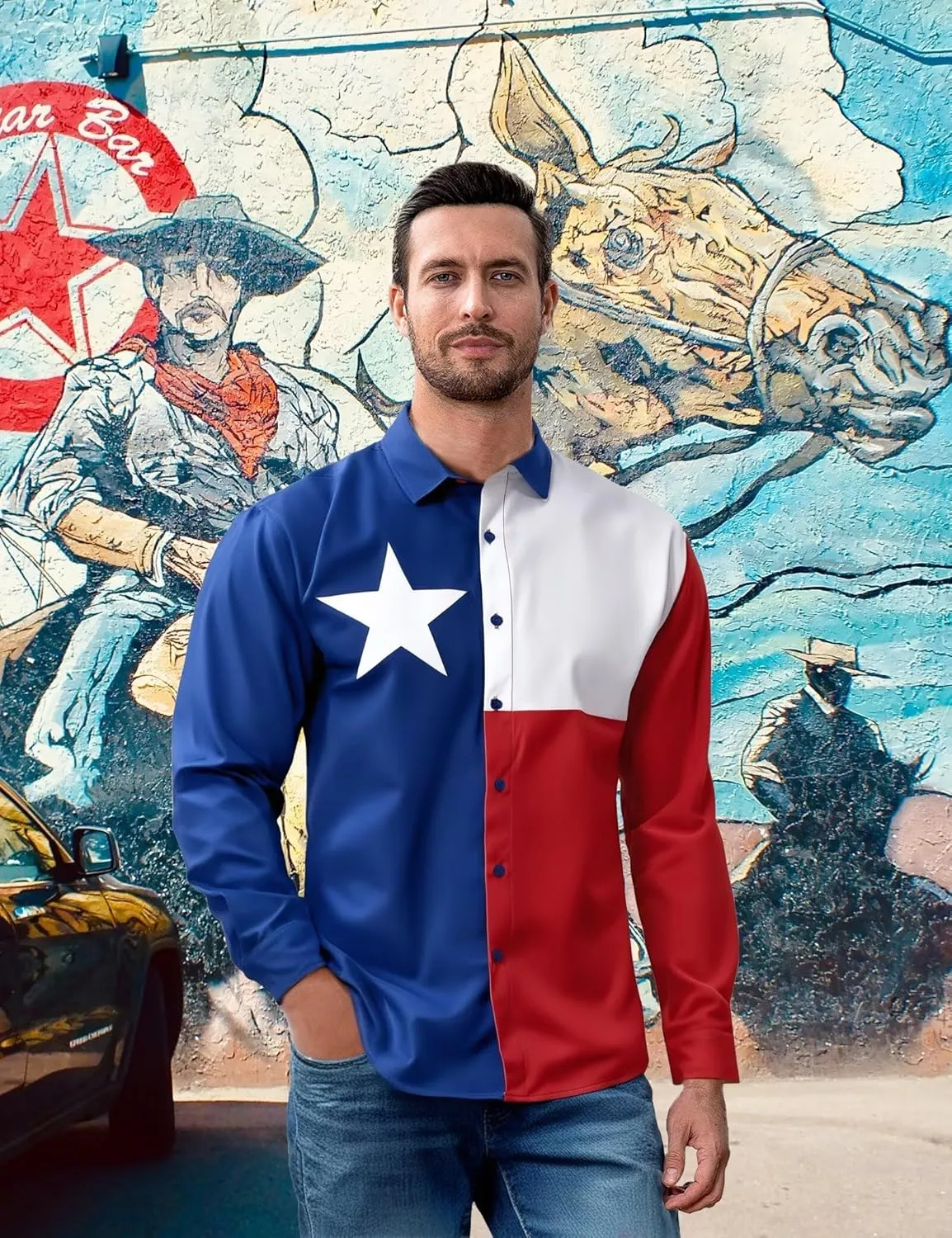 Men's Texas Flag Novelty Button Down Long Sleeve Shirt, S-4XL