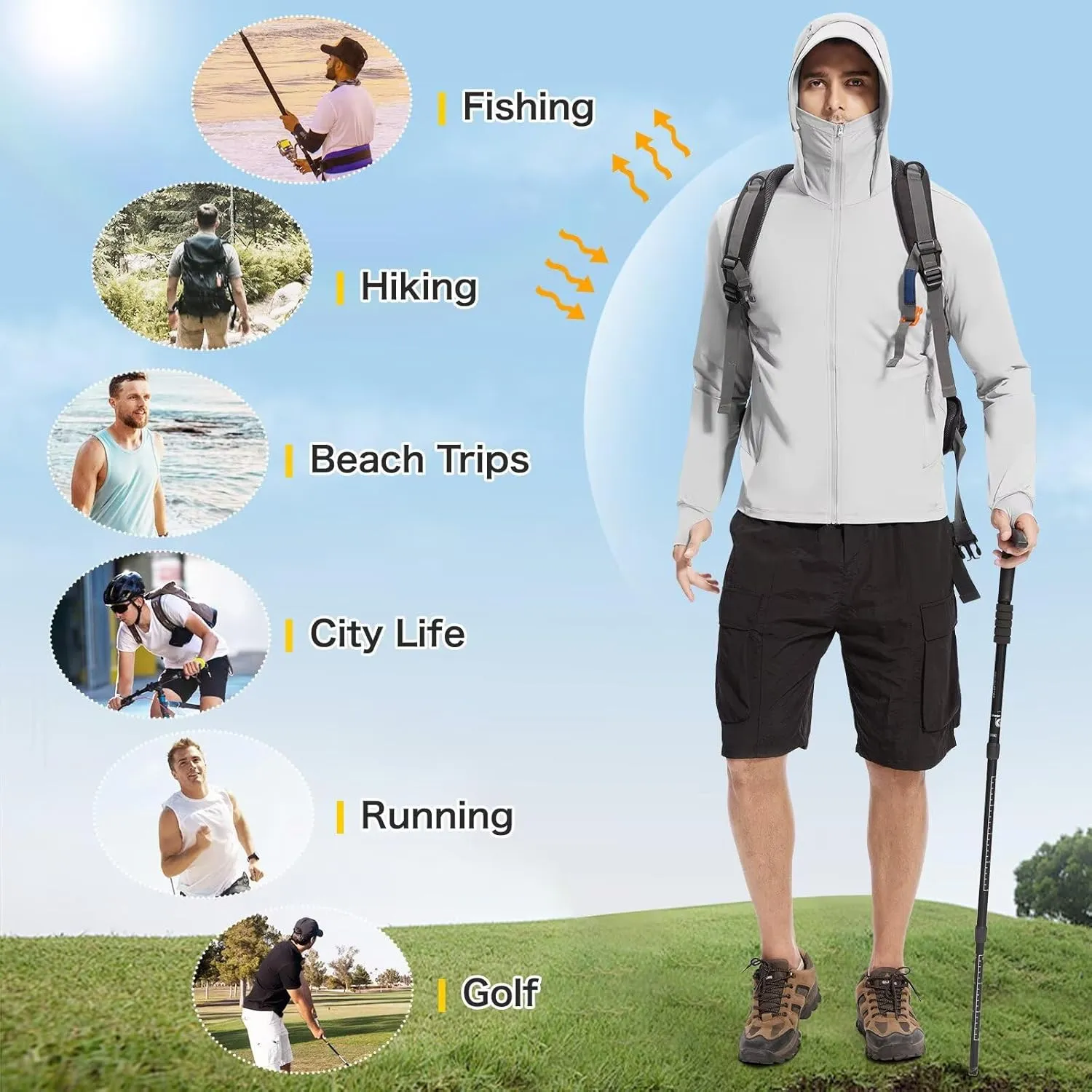 Men's UPF 50  Sun Protection Shirts Cooling SPF Hoodie Jacket Pocket Long Sleeve UV Clothing for Fishing Hiking