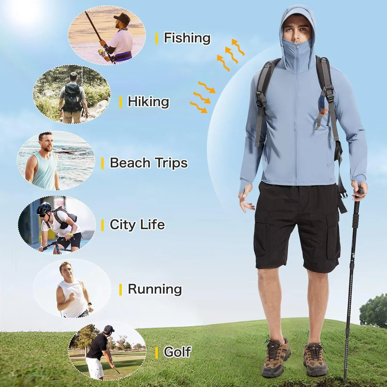 Men's UPF 50  Sun Protection Shirts Cooling SPF Hoodie Jacket Pocket Long Sleeve UV Clothing for Fishing Hiking