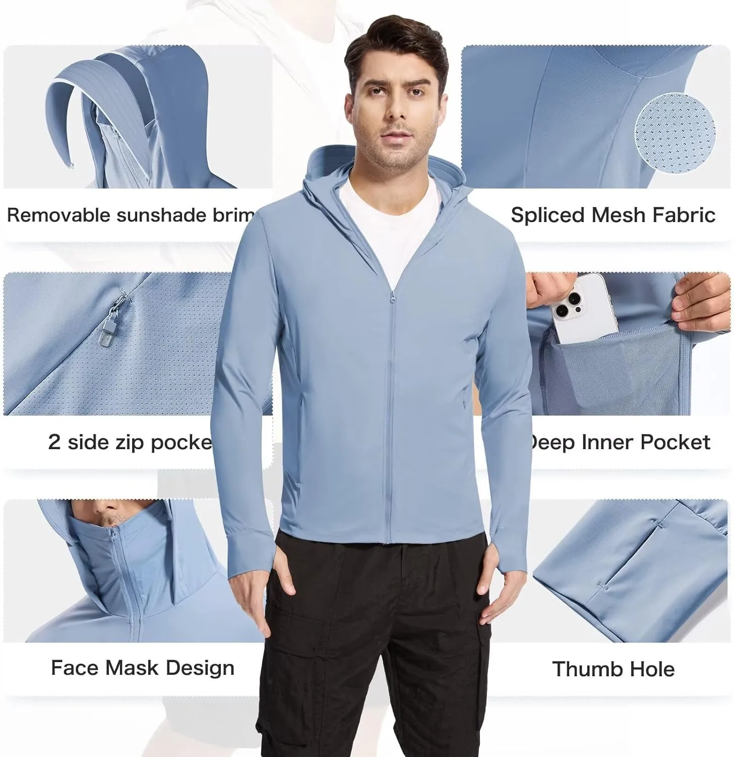 Men's UPF 50  Sun Protection Shirts Cooling SPF Hoodie Jacket Pocket Long Sleeve UV Clothing for Fishing Hiking