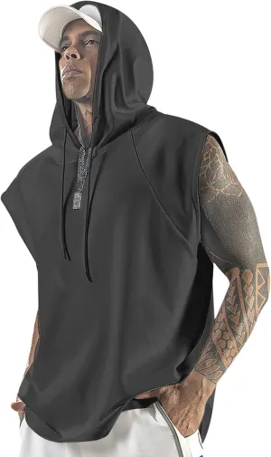 Men's Workout Hooded Tank Tops Bodybuilding Muscle Cut Off T Shirt Sleeveless Gym Hoodies