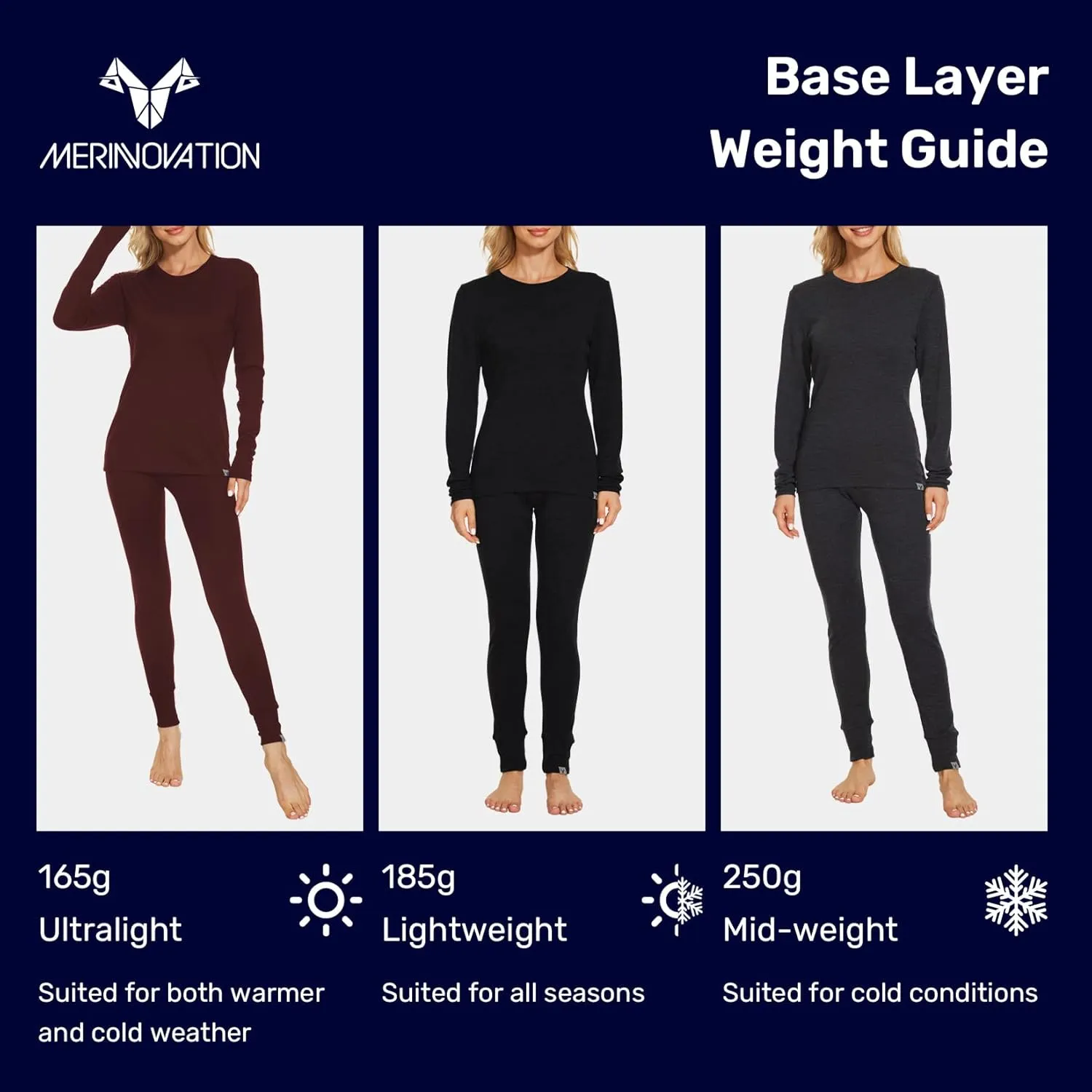 MERINNOVATION Merino Wool Base Layer Women 100% Merino Wool Long Sleeve Thermal Shirts for Women for Skiing Hiking