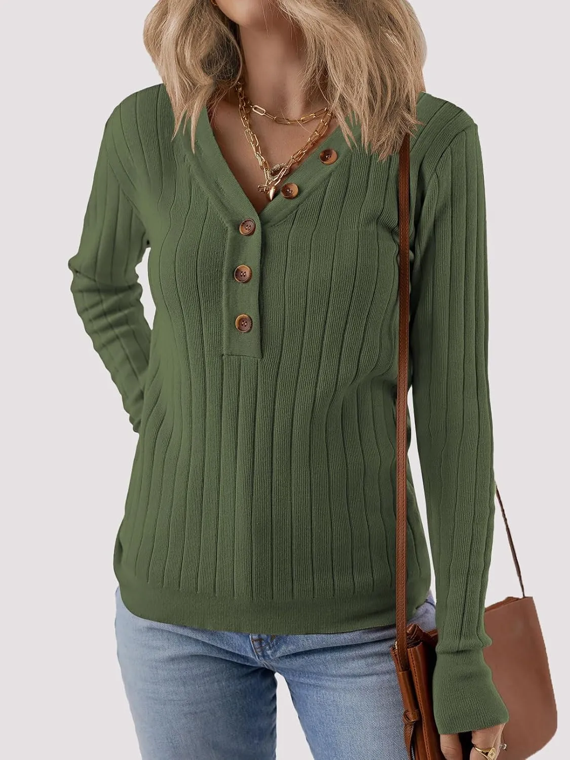 MEROKEETY Women's 2024 Long Sleeve V Neck Ribbed Button Knit Sweater Solid Color Tops