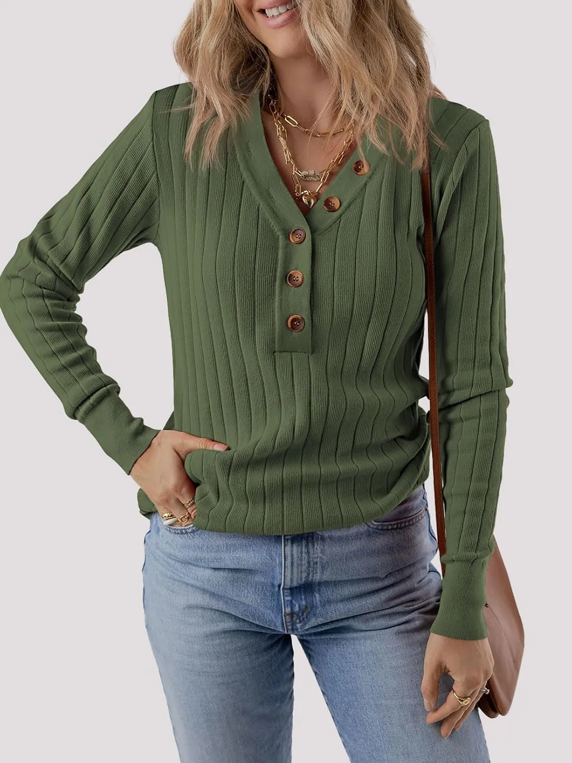MEROKEETY Women's 2024 Long Sleeve V Neck Ribbed Button Knit Sweater Solid Color Tops