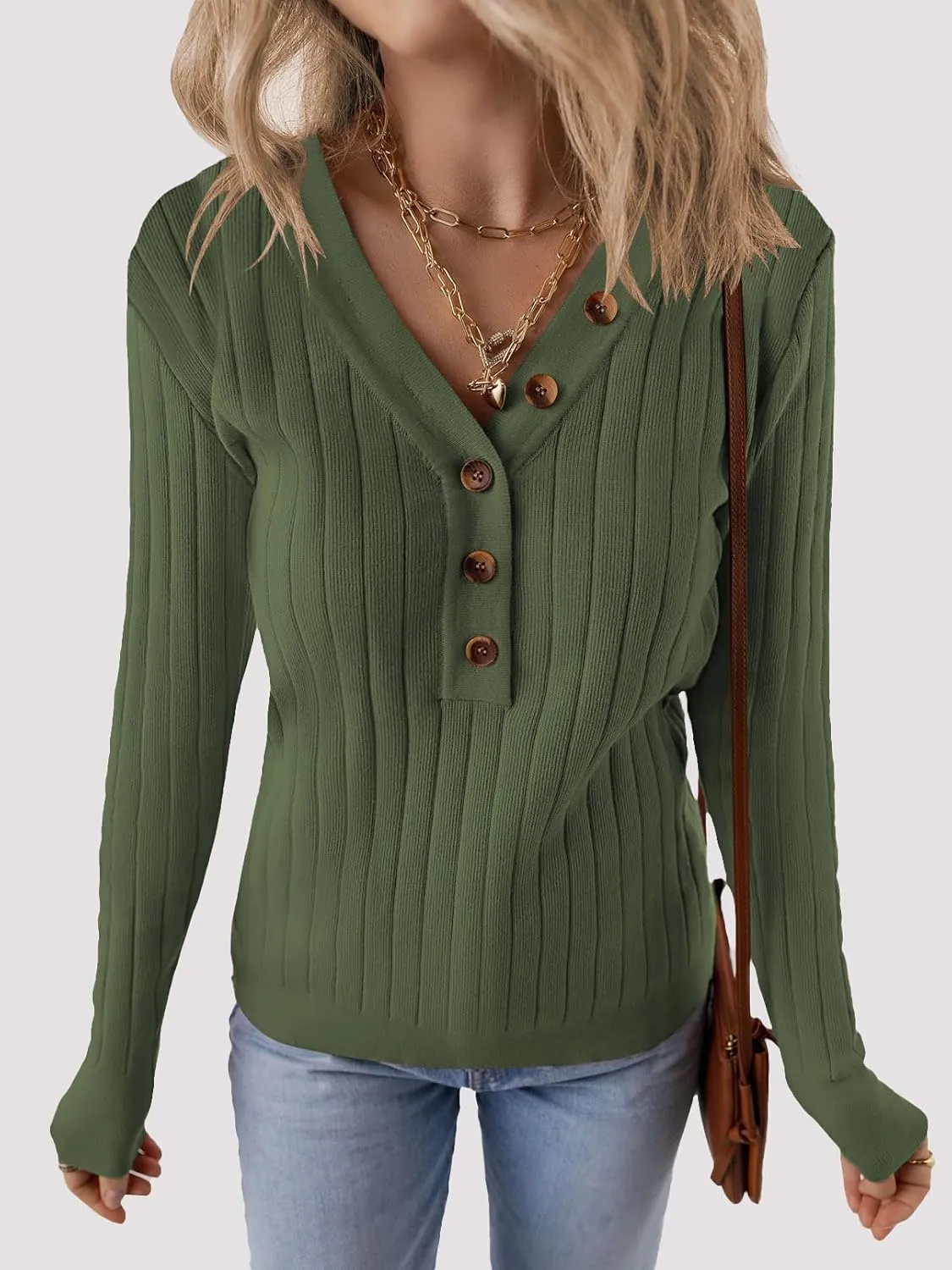MEROKEETY Women's 2024 Long Sleeve V Neck Ribbed Button Knit Sweater Solid Color Tops