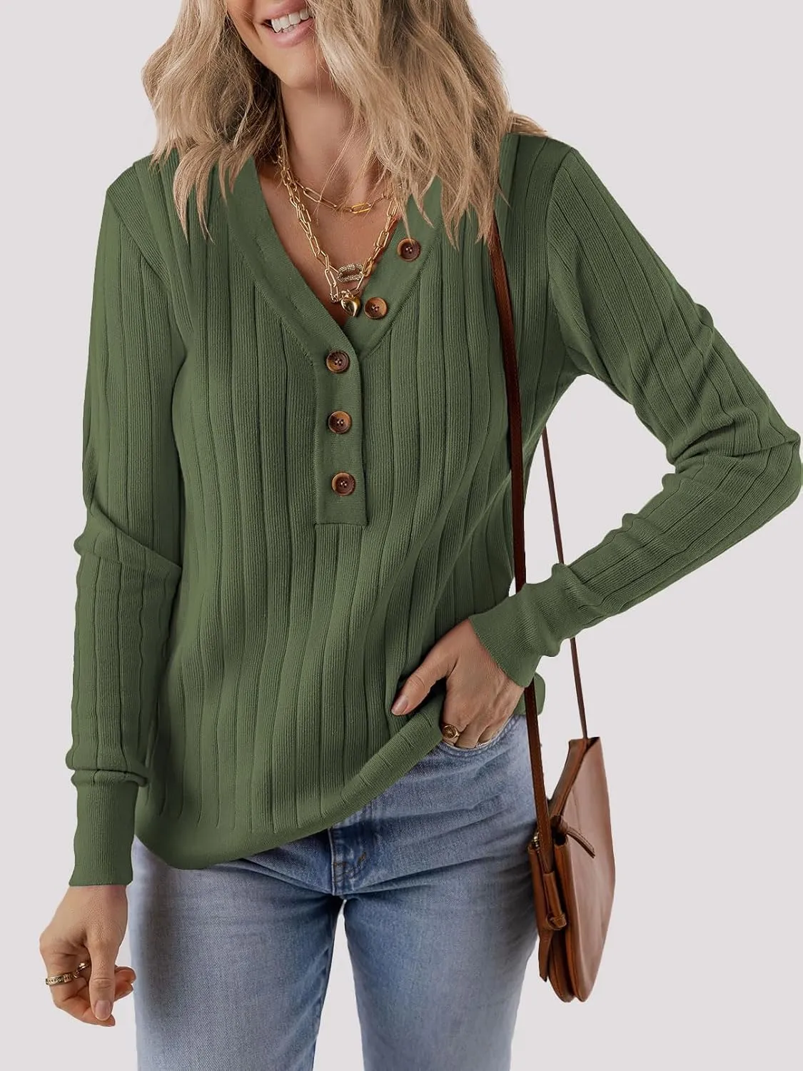 MEROKEETY Women's 2024 Long Sleeve V Neck Ribbed Button Knit Sweater Solid Color Tops