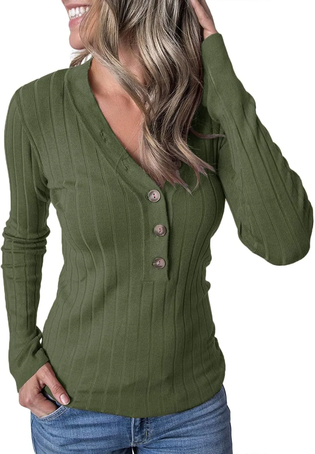 MEROKEETY Women's 2024 Long Sleeve V Neck Ribbed Button Knit Sweater Solid Color Tops