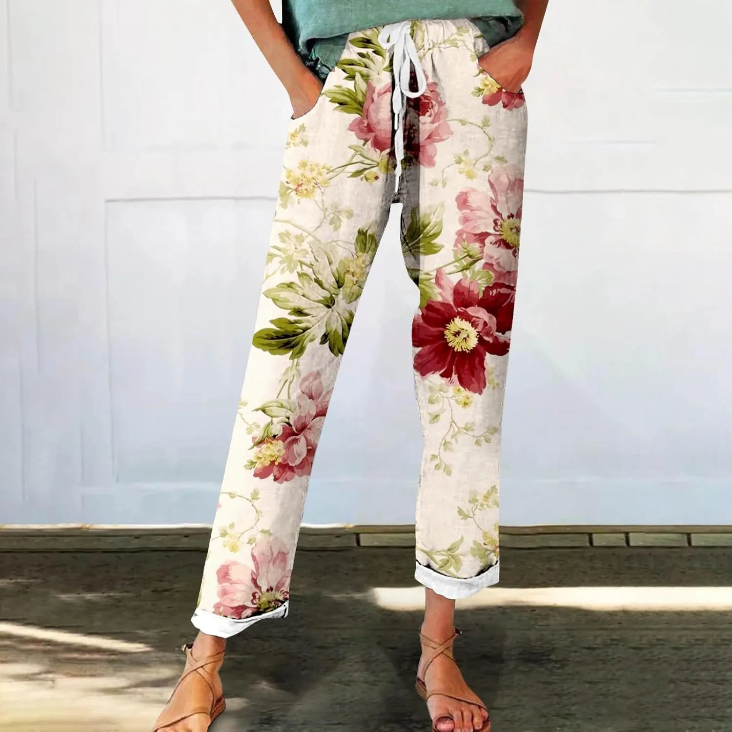 Mid Rise Cropped Linen Pants Summer Length Pants for Women Plus Size Wide Leg Palazzo Pants
