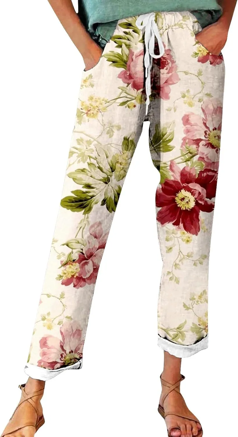 Mid Rise Cropped Linen Pants Summer Length Pants for Women Plus Size Wide Leg Palazzo Pants