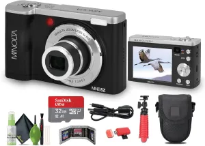 Minolta MNB5Z 56MP Dual Lens Point & Shoot Digital Camera with 5X Optical Zoom & 5K Ultra HD Video Bundle with 32GB Memory Card   Vlogger Tripod   Bag   Cleaning Kit   More Accessories (Black)