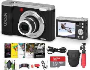 Minolta MNB5Z 56MP Dual Lens Point & Shoot Digital Camera with 5X Optical Zoom & 5K Ultra HD Video Bundle with 64GB Memory Card   Vlogger Tripod   Bag   Cleaning Kit   More Accessories (Black)