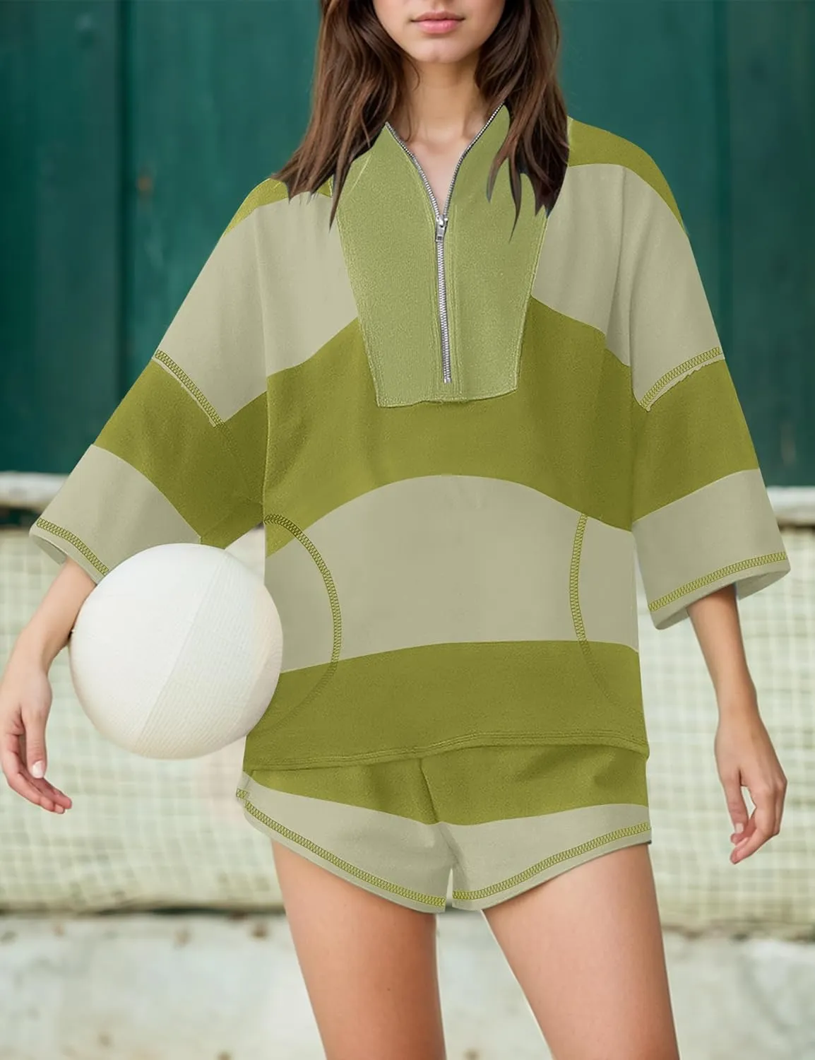 MISSACTIVER Womens 2 Piece Lounge Set Stripe Half Sleeve Oversized Shirts Shorts Summer Two Piece Workout Sets