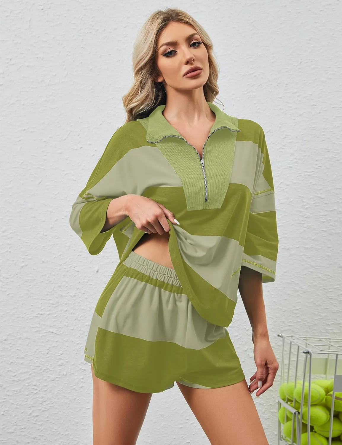 MISSACTIVER Womens 2 Piece Lounge Set Stripe Half Sleeve Oversized Shirts Shorts Summer Two Piece Workout Sets
