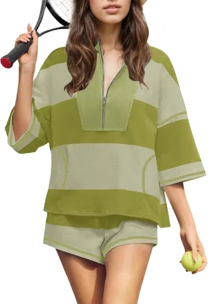 MISSACTIVER Womens 2 Piece Lounge Set Stripe Half Sleeve Oversized Shirts Shorts Summer Two Piece Workout Sets