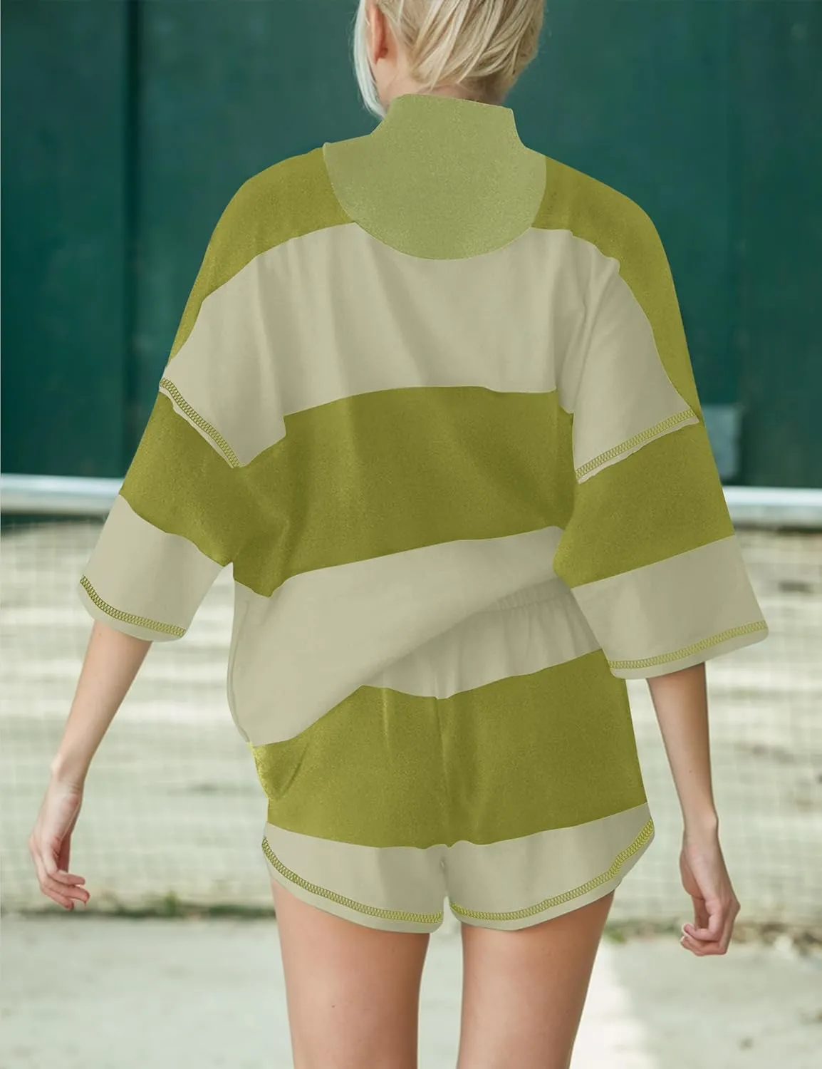 MISSACTIVER Womens 2 Piece Lounge Set Stripe Half Sleeve Oversized Shirts Shorts Summer Two Piece Workout Sets