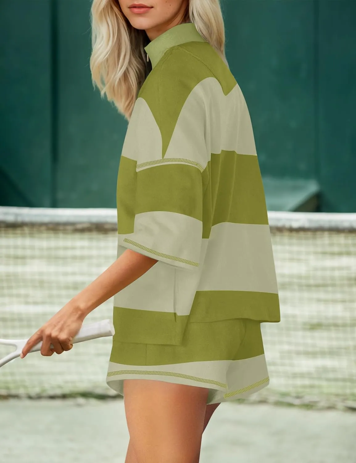 MISSACTIVER Womens 2 Piece Lounge Set Stripe Half Sleeve Oversized Shirts Shorts Summer Two Piece Workout Sets