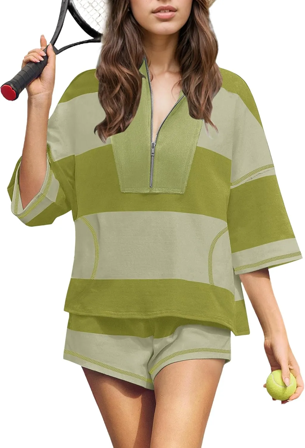 MISSACTIVER Womens 2 Piece Lounge Set Stripe Half Sleeve Oversized Shirts Shorts Summer Two Piece Workout Sets
