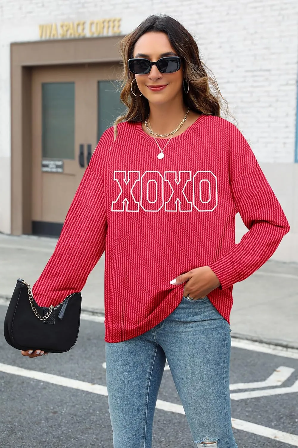 MNLYBABY Cute Love Heart Shirts Women Ribbed Textured Knit Casual Shirt Lightweight Valentines Sweatshirt Long Sleeve Top