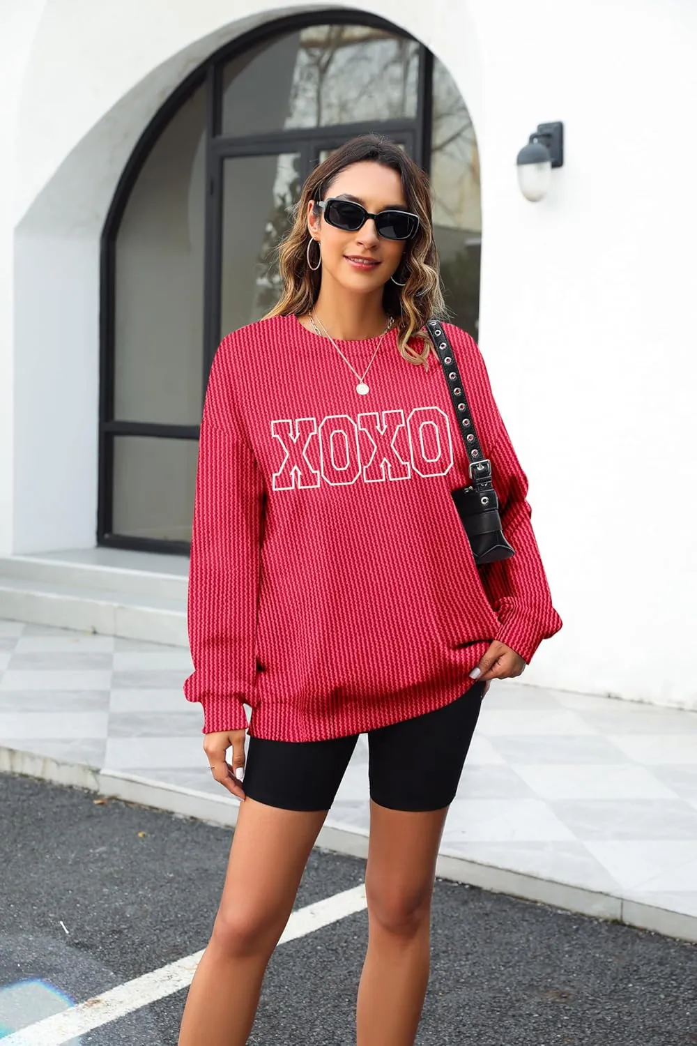 MNLYBABY Cute Love Heart Shirts Women Ribbed Textured Knit Casual Shirt Lightweight Valentines Sweatshirt Long Sleeve Top