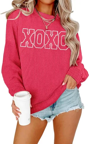 MNLYBABY Cute Love Heart Shirts Women Ribbed Textured Knit Casual Shirt Lightweight Valentines Sweatshirt Long Sleeve Top