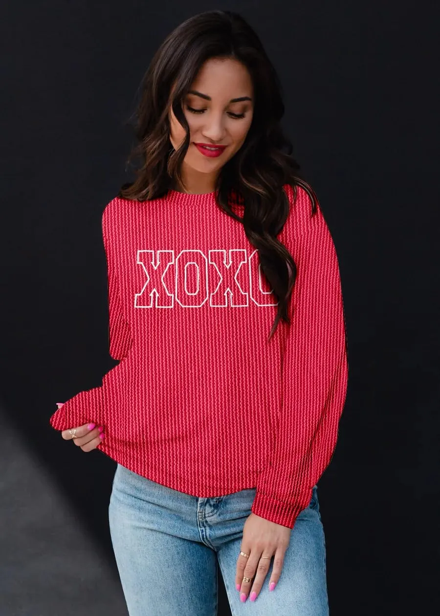 MNLYBABY Cute Love Heart Shirts Women Ribbed Textured Knit Casual Shirt Lightweight Valentines Sweatshirt Long Sleeve Top