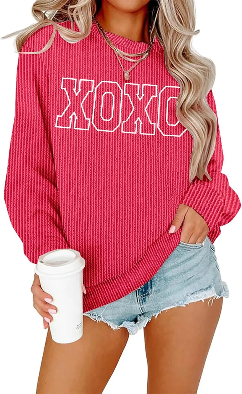 MNLYBABY Cute Love Heart Shirts Women Ribbed Textured Knit Casual Shirt Lightweight Valentines Sweatshirt Long Sleeve Top