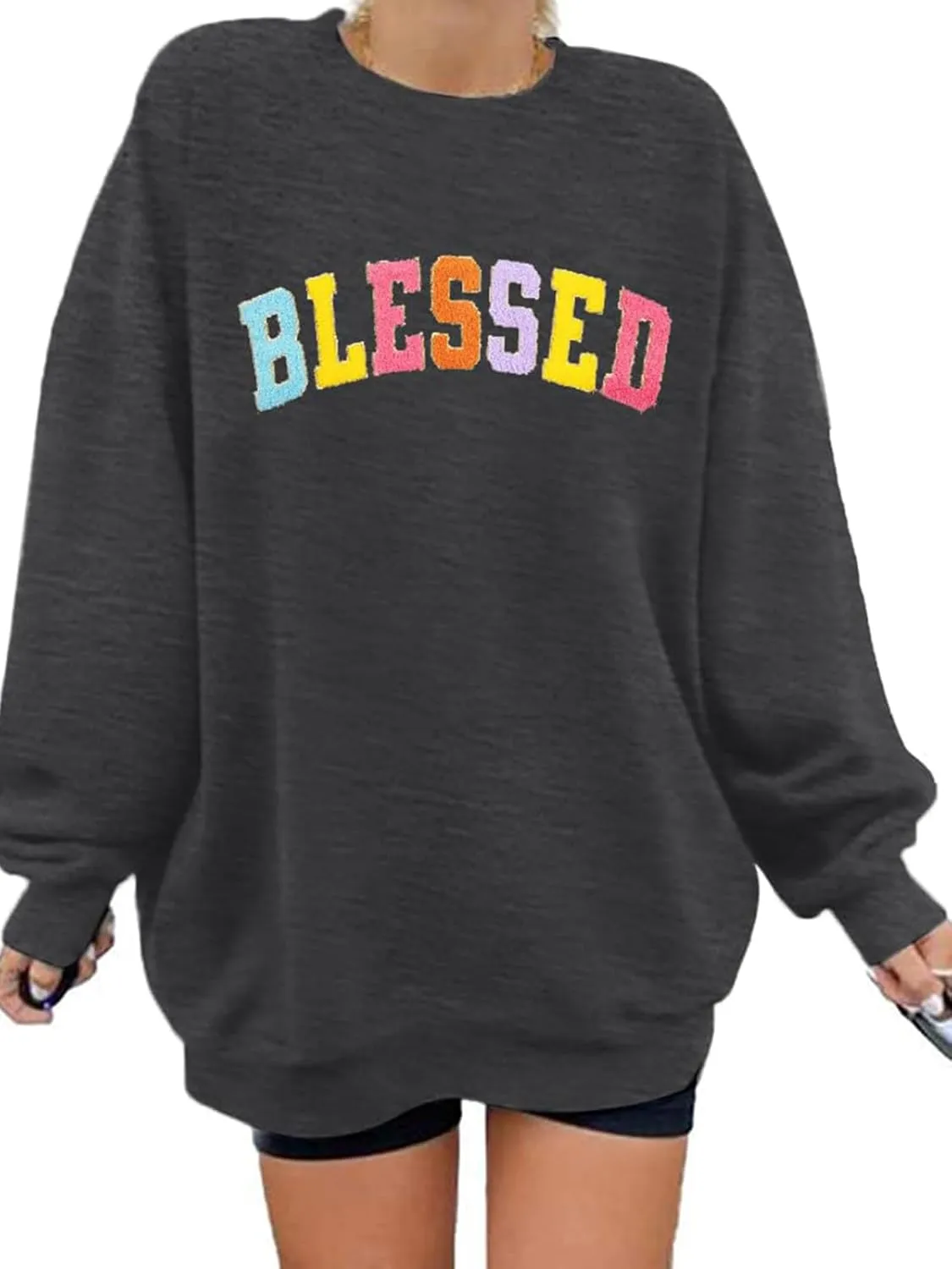 MNLYBABY Oversized Blessed Sweatshirt Women: Christian Shirt Blessed Chenille Pullover Fall Long Sleeve Tops