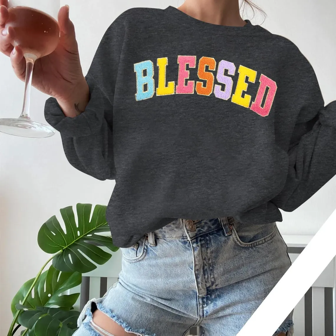 MNLYBABY Oversized Blessed Sweatshirt Women: Christian Shirt Blessed Chenille Pullover Fall Long Sleeve Tops