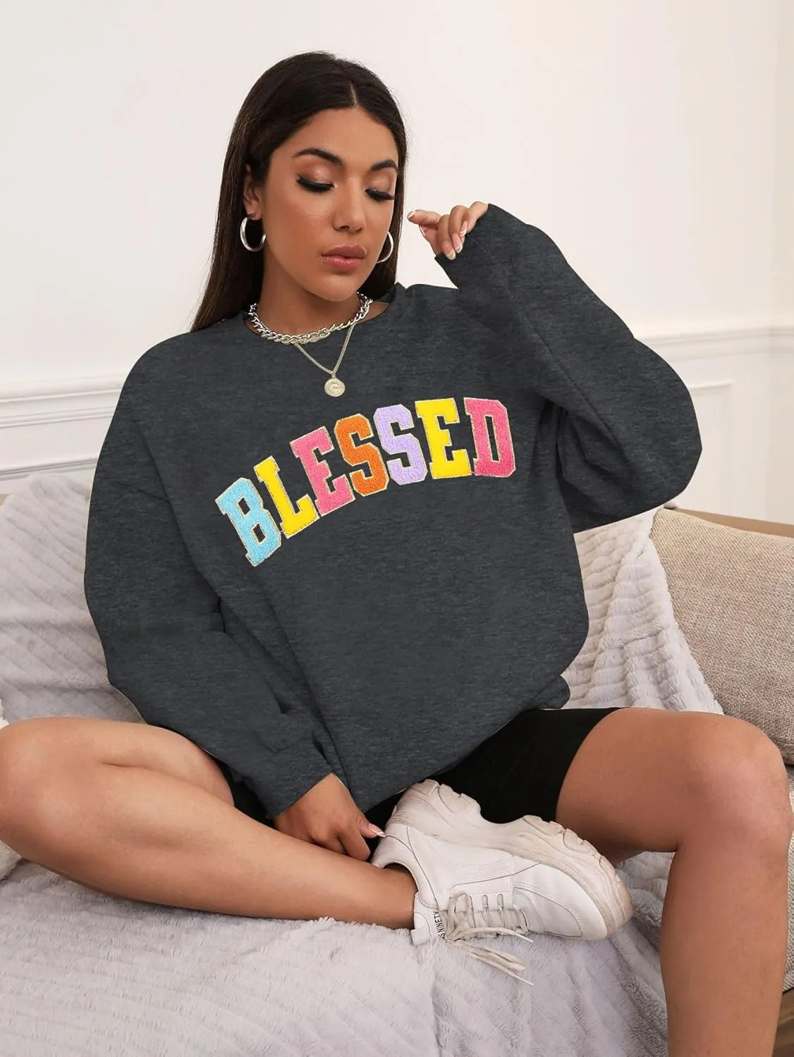 MNLYBABY Oversized Blessed Sweatshirt Women: Christian Shirt Blessed Chenille Pullover Fall Long Sleeve Tops