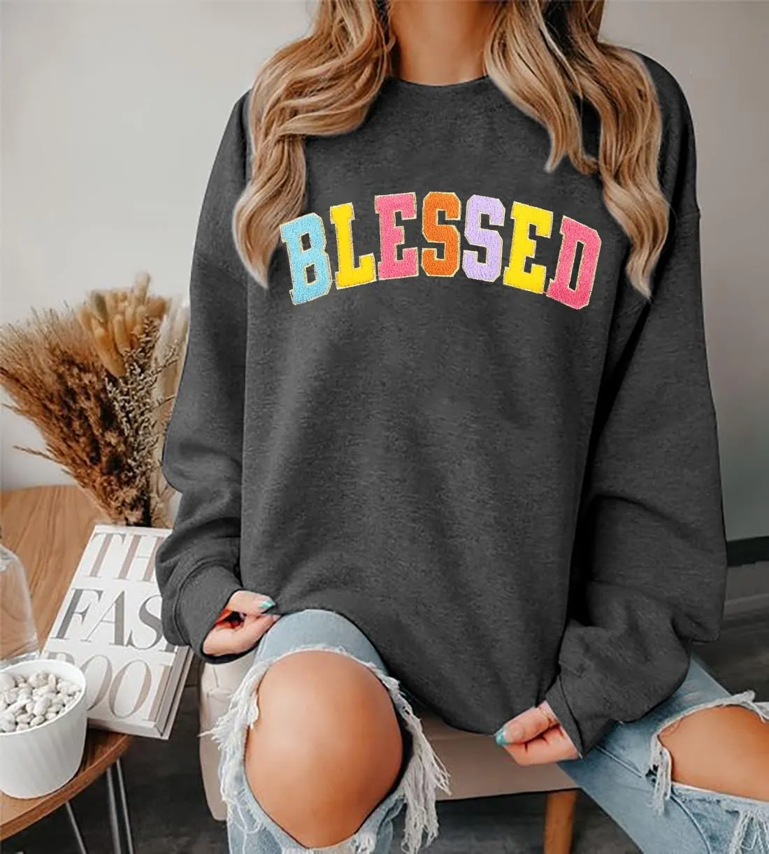 MNLYBABY Oversized Blessed Sweatshirt Women: Christian Shirt Blessed Chenille Pullover Fall Long Sleeve Tops