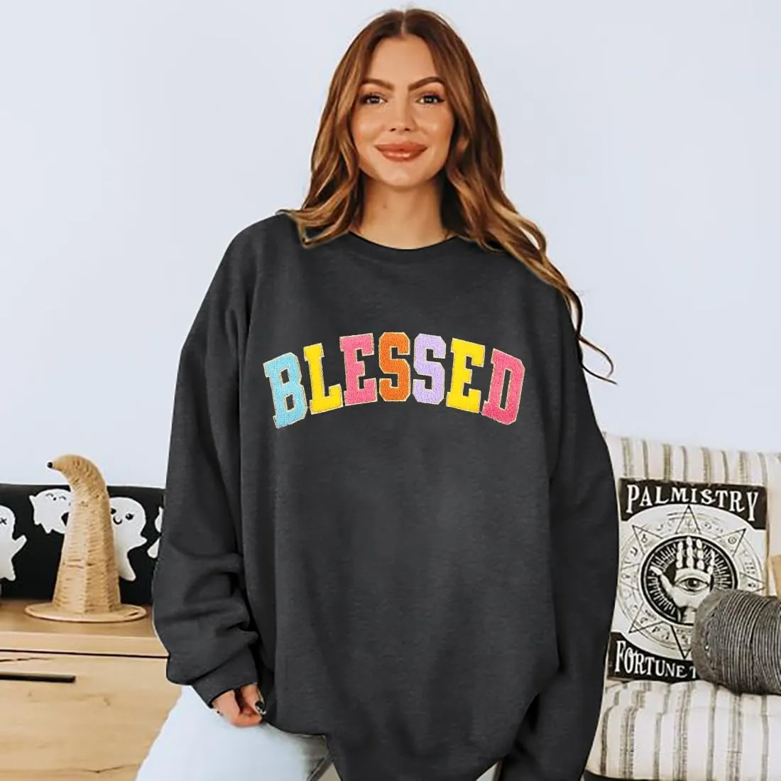 MNLYBABY Oversized Blessed Sweatshirt Women: Christian Shirt Blessed Chenille Pullover Fall Long Sleeve Tops