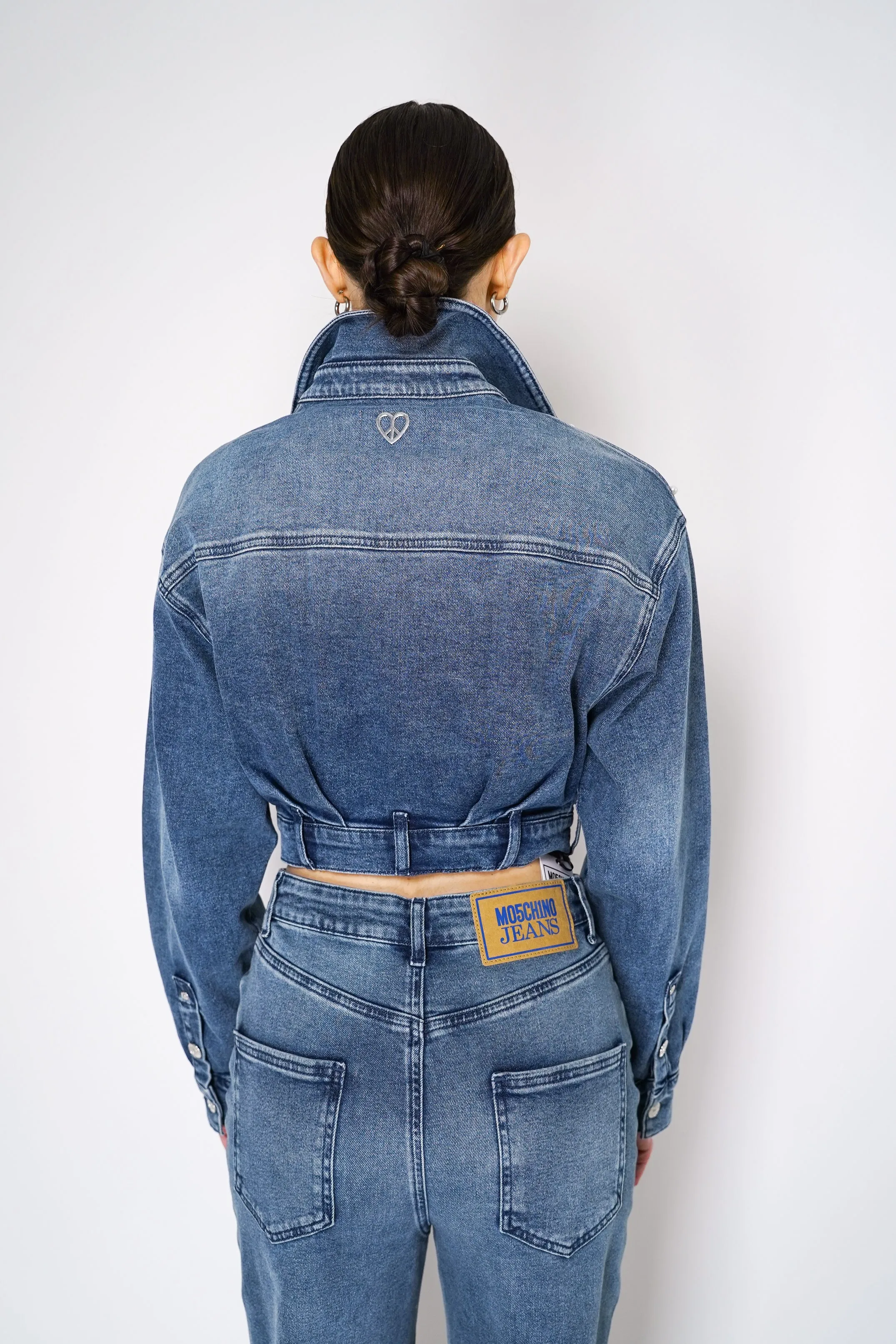 Moschino Jeans Cropped Denim Top Jacket with Pearl Embellishments
