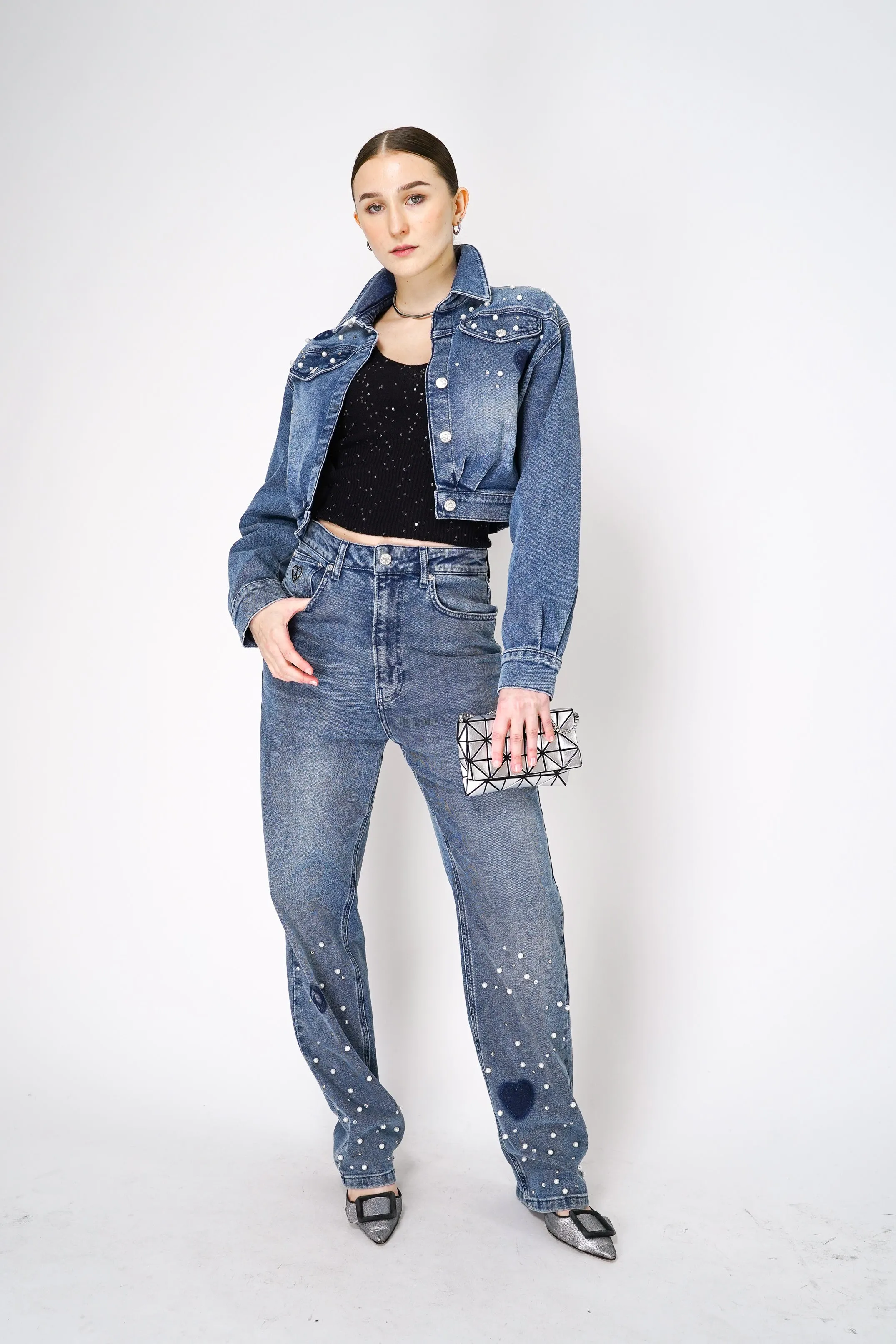 Moschino Jeans Cropped Denim Top Jacket with Pearl Embellishments