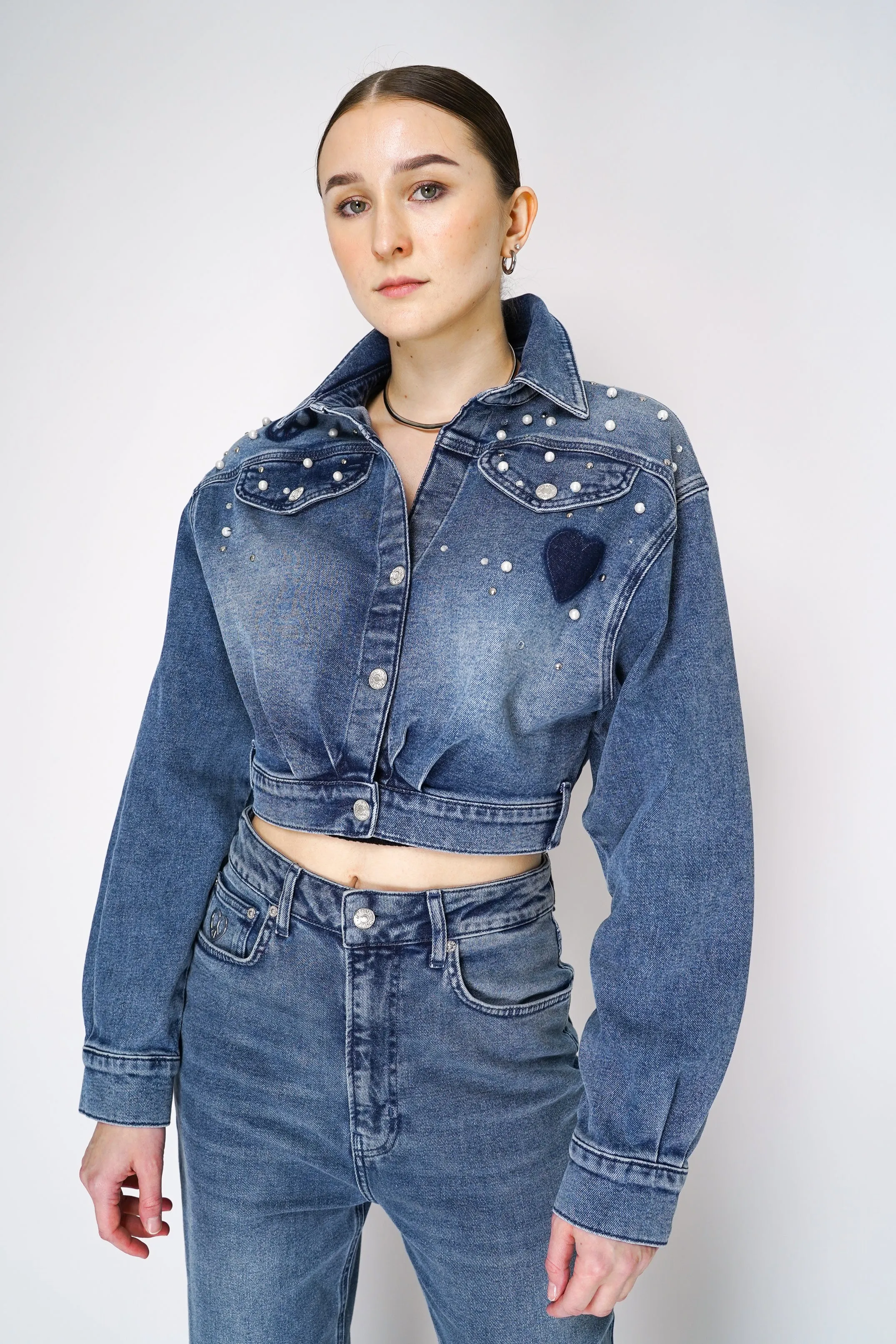 Moschino Jeans Cropped Denim Top Jacket with Pearl Embellishments