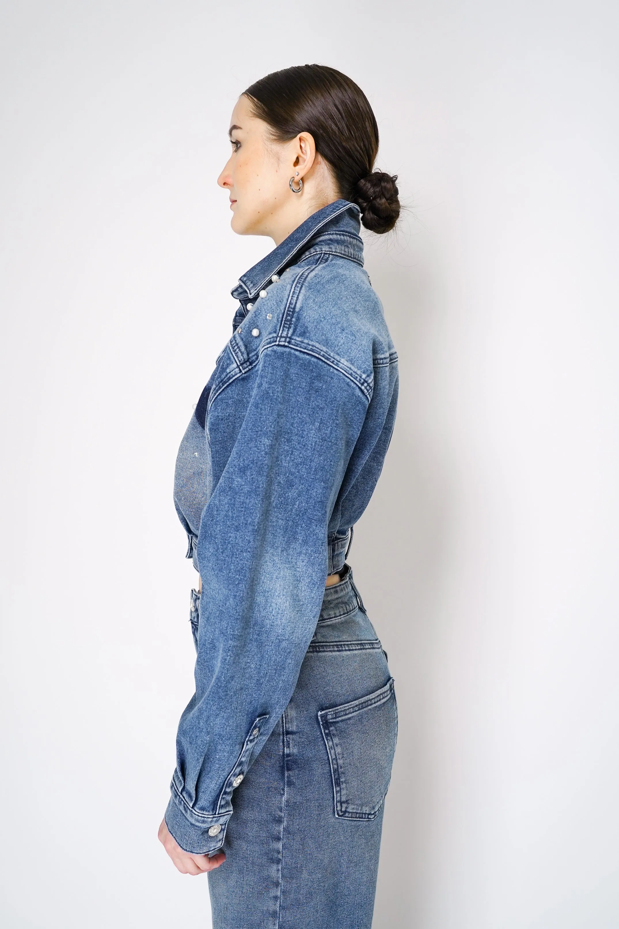 Moschino Jeans Cropped Denim Top Jacket with Pearl Embellishments