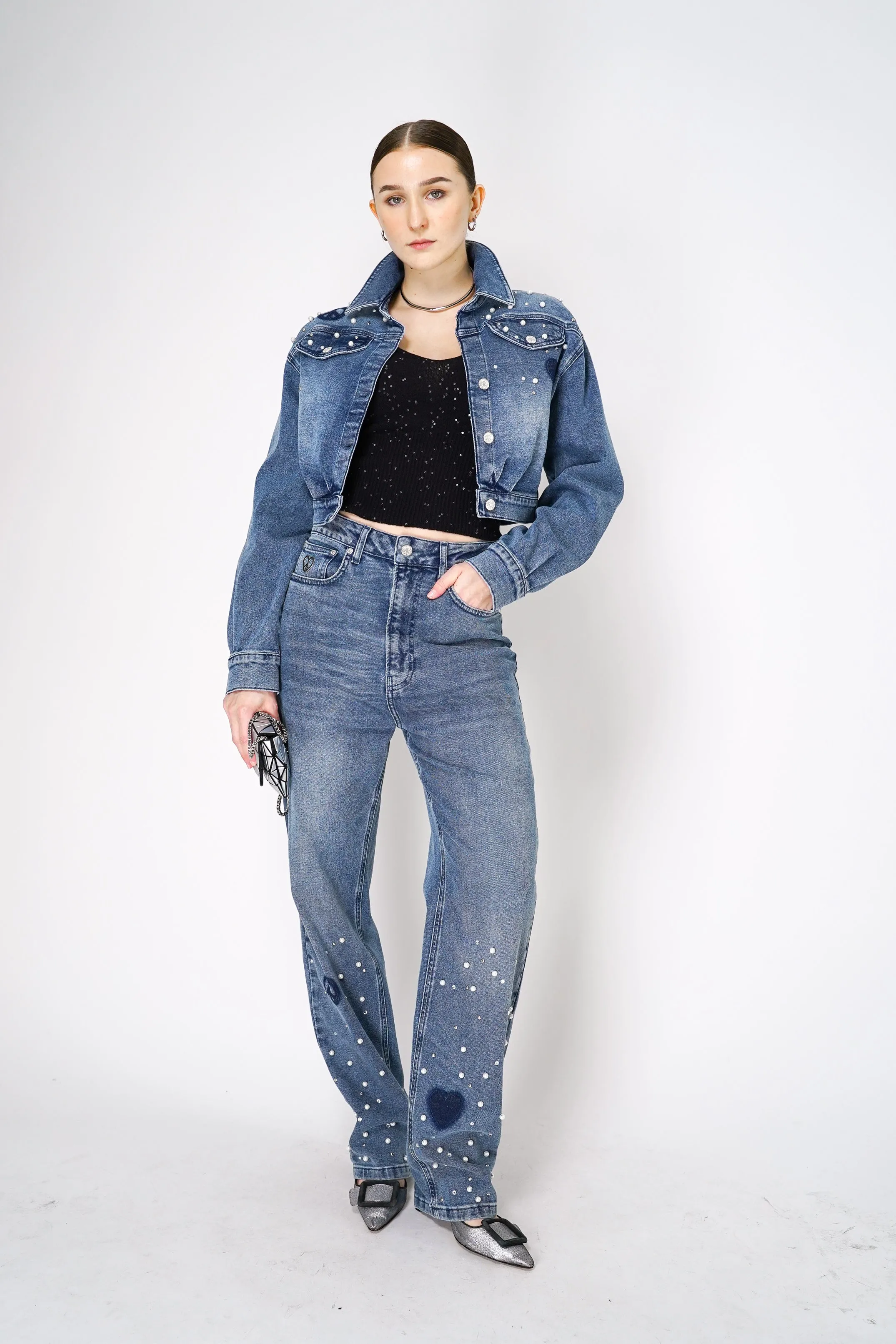 Moschino Jeans Cropped Denim Top Jacket with Pearl Embellishments