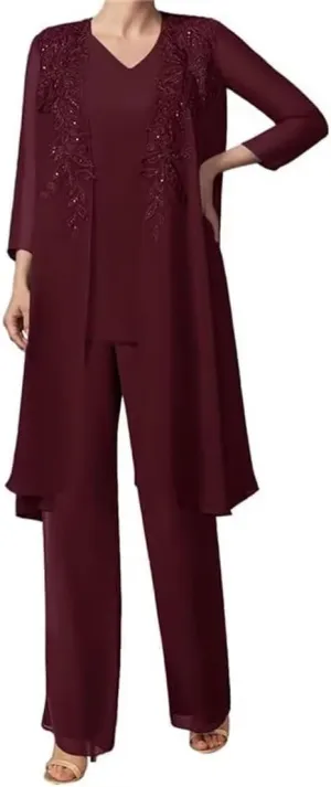Mother of The Bride Lace Applique V Collar 3Pcs Women's Gentle Chiffon Pants Suits Wedding Party Outfit Evening Dress