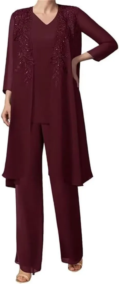 Mother of The Bride Lace Applique V Collar 3Pcs Women's Gentle Chiffon Pants Suits Wedding Party Outfit Evening Dress