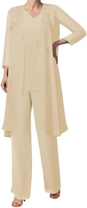 Mother of The Bride Lace Applique V Collar 3Pcs Women's Gentle Chiffon Pants Suits Wedding Party Outfit Evening Dress