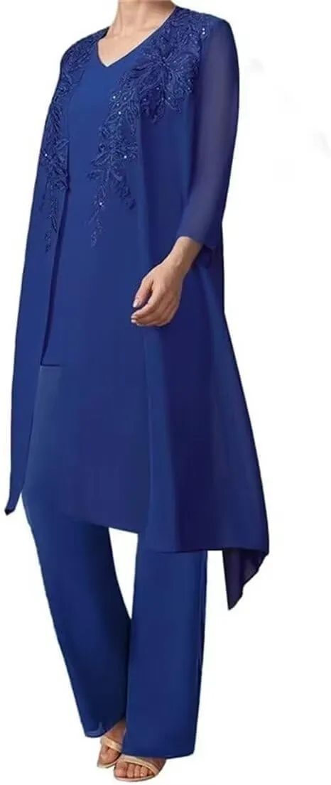 Mother of The Bride Lace Applique V Collar 3Pcs Women's Gentle Chiffon Pants Suits Wedding Party Outfit Evening Dress