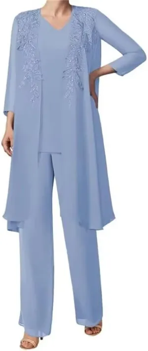 Mother of The Bride Lace Applique V Collar 3Pcs Women's Gentle Chiffon Pants Suits Wedding Party Outfit Evening Dress