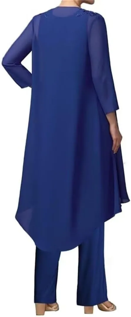 Mother of The Bride Lace Applique V Collar 3Pcs Women's Gentle Chiffon Pants Suits Wedding Party Outfit Evening Dress