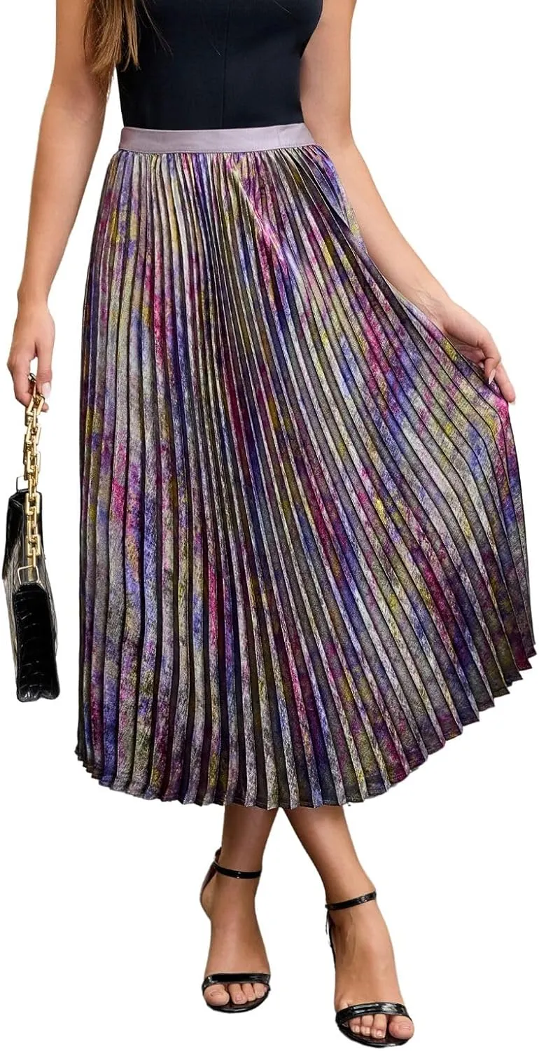Multicolor Metallic Gradient Shiny Women High Waist Pleated Midi Skirt