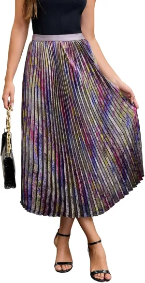 Multicolor Metallic Gradient Shiny Women High Waist Pleated Midi Skirt