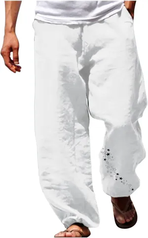 Muscularfit Mens Pants Slim Fit Cotton Linen Drawstring Elastic Waist Loose Solid Trousers Regular Fit Lounge Straight Legs