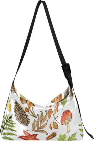Mushroom Spice Leaves PU Leather Shoulder Bag Hobo Large Crossbody Purse Trendy Leaf Print Crossbody Hobo Bags