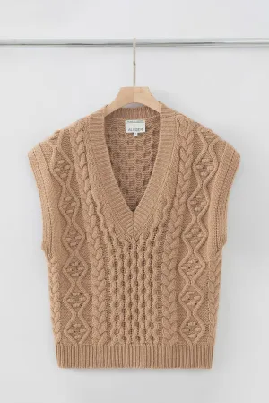 N.105 Cashmere Blend Deep V Cable Vest Tan