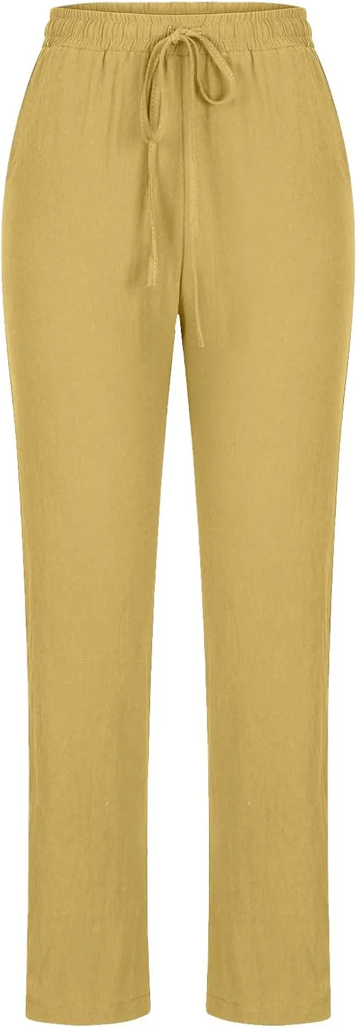 NATHGAM Womens Pants Casual Dressy Summer Cotton Linen Trousers High Waist Straight Leg Loose Drawstring Lounge Beach Pants